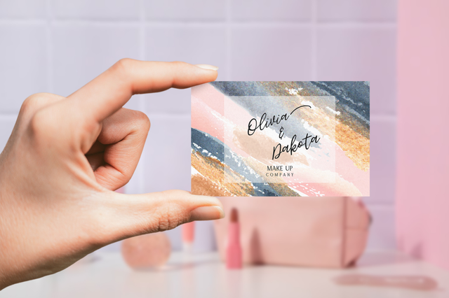 Elegant makeup artist business card featuring modern watercolor design with metallic gold accents. Display your professional makeup services with custom-designed cards that make a lasting impression on clients. Perfect for beauticians and makeup artists looking to stand out with premium quality printing and personalized branding.
