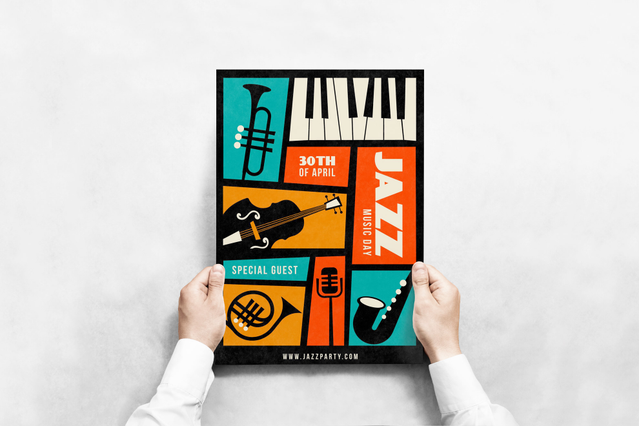 Two hands holding an A3 Jazz Party event poster with bold retro-style geometric panels in teal, orange and red featuring a piano, trumpet, guitar, microphone and saxophone illustration — 30th of April event. Custom A3 posters and flyers with retro music illustration are perfect for jazz venues, music festivals, special guest concerts and restaurant music nights.