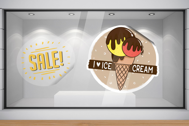 Attract customers to your ice cream shop with eye-catching window decals featuring vibrant product imagery and promotional messaging. This professional design combines essential sales information with appealing visual elements that engage passersby and drive foot traffic. Perfect for creating an inviting storefront that showcases your offerings and makes your shop stand out.