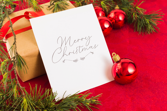 See our personalized Christmas greeting card sample with elegant handwritten typography printed on premium cardstock. This festive design showcases the quality of custom corporate greetings, ideal for business holiday campaigns and seasonal messaging. Create and order your branded Christmas cards online with Sprint24's simple customization tool and guaranteed delivery.
