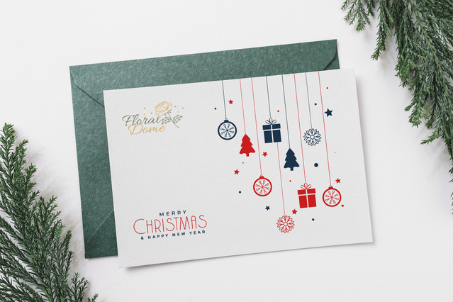 Elegant Christmas card design featuring festive hanging decorations and gift motifs on a clean white background. Perfect for personalized holiday greetings with a modern, minimalist aesthetic. Order online for quality custom Christmas card printing with your personal message.