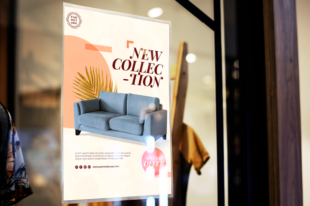 Stunning A3 poster showcasing contemporary furniture and modern aesthetic perfect for retail displays and home décor. This custom printed poster features vibrant colors and eye-catching design elements that elevate any space. Durable high-quality printing ensures your promotional poster maintains its visual impact.