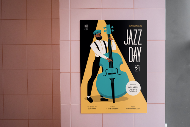 Art deco poster announcing Jazz Day 21 with stylised musician and bold golden typography. Sprint24.