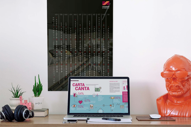 Professional 2026 poster calendar with elegant black grid design, displayed in a modern creative workspace. Perfect for wall decoration in home offices and studios, this customizable poster calendar combines functionality with contemporary aesthetics. Order your personalized poster calendar on Sprint24 for premium quality printing at competitive prices.