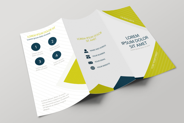 Professional tri-fold flyer on glossy paper with lime green and teal geometric design. 3-panel accordion format Sprint24.