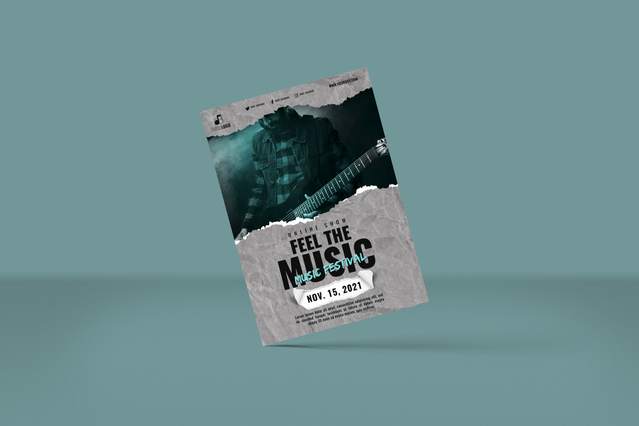 A moody promotional postcard for a music event held up against a teal background, featuring a guitar graphic and the headline 'Feel the Music'. The A5-format card demonstrates the visual impact achievable with custom promotional postcard printing. Print your event postcards online with Sprint24.