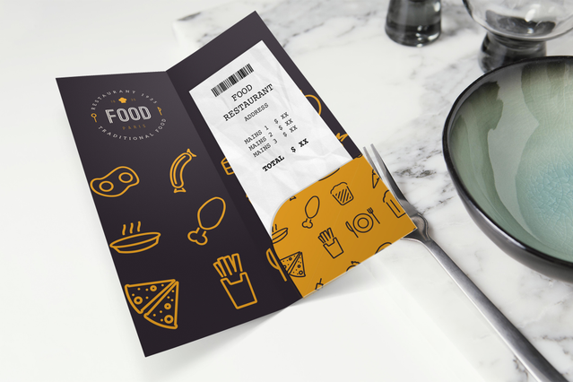 Elegant bill holder with pocket featuring a navy blue design with gold food icons and contrasting yellow pocket section. Ideal for restaurants and dining establishments seeking to enhance customer presentation. Fully customizable for your brand with Sprint24's premium printing services.