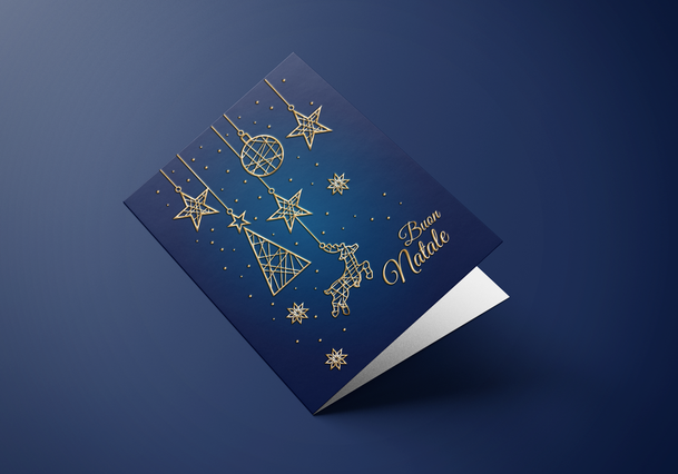 Navy blue Christmas card gold foil geometric ornaments stars baubles. Navy blue Christmas card with gold foil geometric ornaments, stars, baubles and Buon Natale lettering. Sprint24.