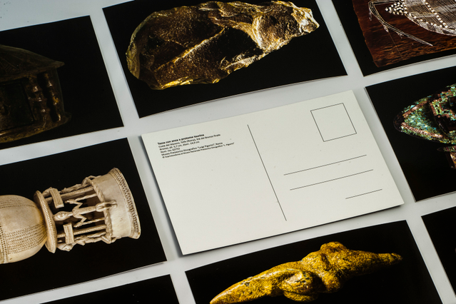 Premium online-printed postcards showcasing classical Roman archaeological artifacts with elegant gold metallic printing on rich black backgrounds. 4 color print on 400 gsm enso coat 1s paper with UV coat finishing on front. Perfect for cultural institutions, museums, and special events requiring sophisticated postcard designs.