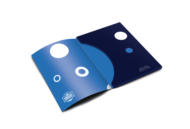 Premium die-cut customizable folder with geometric circle motifs in elegant blue tones. This professionally printed folder combines modern design with quality finishing, perfect for organizing documents while showcasing your brand identity and promotional materials.