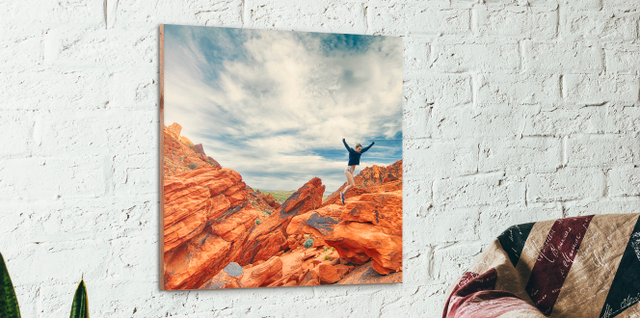Dramatic desert landscape photograph featuring vibrant orange rock formations and expansive blue sky. Professionally printed on premium wood using Kodak photographic technology, this stunning image creates an exceptional 3D wall art effect that brings dimensional depth to any space. Perfect for adding modern sophistication and gallery-quality aesthetics to your interior.