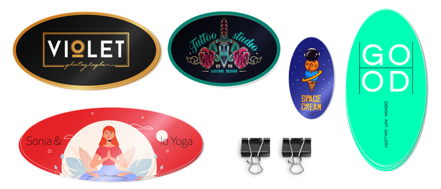 Customize oval stickers with diverse designs, from decorative tattoo-inspired patterns and vibrant text options to modern color schemes. Premium PVC adhesive material ensures durability and professional quality for product packaging, labels, and brand promotion. Order personalized oval stickers with fast delivery.