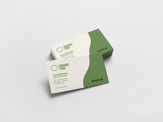 Professional recycled paper business cards with natural cream finish and sustainable green design. Printed on 100% eco-friendly recycled paper, these cards combine modern aesthetics with environmental responsibility. Ideal for businesses seeking sustainable printing solutions in Sprint24's recycled paper catalog.