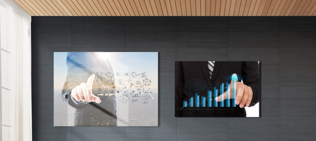 Professional transparent plexiglas rigid panels displaying business graphics and corporate office content mounted in modern studio settings. These custom-printed transparent panels showcase marketing charts and professional presentations as contemporary office wall decor. Order transparent plexiglas panels online for professional signage and elegant display solutions.
