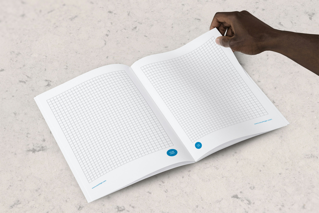 Showcase an open A4 template notebook featuring professional metal-stapled binding and ruled pages for customization. The metal staple design provides durability and a clean, finished look for branded print products. Perfect for creating custom notebooks, journals, and professional note-taking templates.