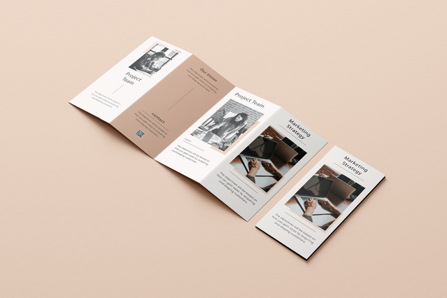 An open beige and neutral-toned quad-fold brochure for a professional services or consulting brand with photography panels depicting people in office environments and structured text columns. Custom-printed four-fold leaflets with professional lifestyle photography are versatile marketing tools for business consultancies, HR agencies and corporate service providers to present their offerings eleg…