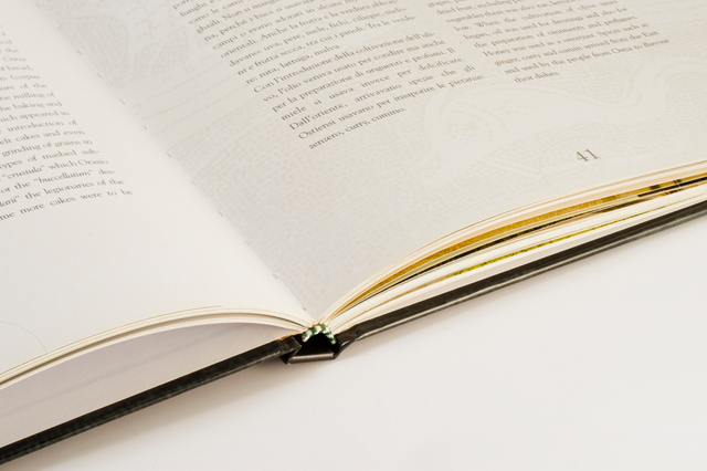 Interior view showcasing the quality construction of a premium case-bound hardcover book with stitched binding visible along the spine. Gold ribbon bookmarks enhance both functionality and luxury appeal, demonstrating the prestigious finishing of professional hardcover editions. This detailed image highlights the sophisticated binding quality and page craftsmanship of high-end case-bound books.