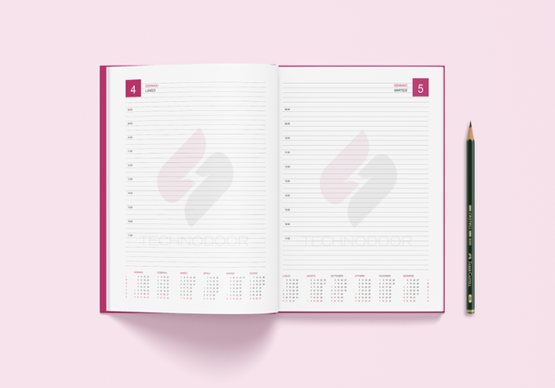 Open daily hardback agenda two-page spread pink accents and month. Open daily hardback agenda with one day per page, pink headers, hourly slots and monthly mini-calendar. Sprint24.