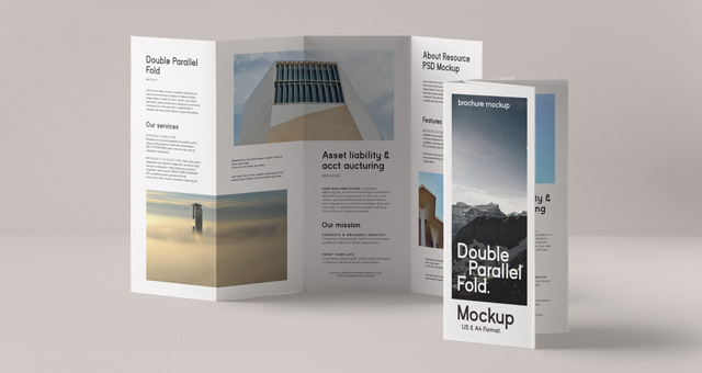 An open double parallel fold brochure with a minimalist white layout showing architectural photography, an 'Asset liability & account auditing' panel and text columns. Custom-printed double parallel fold brochures are ideal for financial services, auditing firms and professional consultancies — offering eight panels for presenting complex service offerings, credentials and contact details.