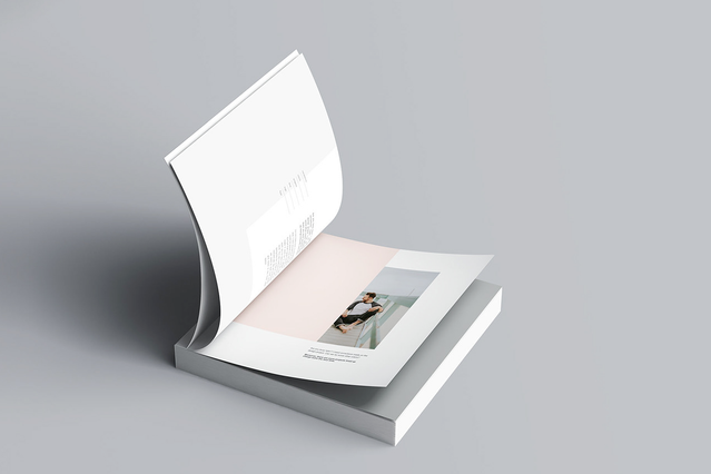 Open flexible cover catalogue with elegantly designed product photography pages. Sprint24.