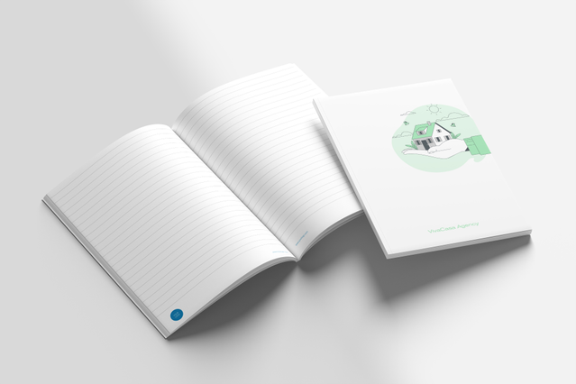 This A4 template showcases a professionally bound paperback notebook with lined pages, ideal for corporate branding and business applications. Perfect for companies seeking customizable notebooks with full-color cover printing and high-quality stitched binding. Suitable for journals, planners, and branded office supplies.