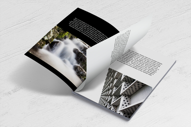 Open low cost catalogue with long-exposure waterfall and geometric architecture photography. Sprint24.