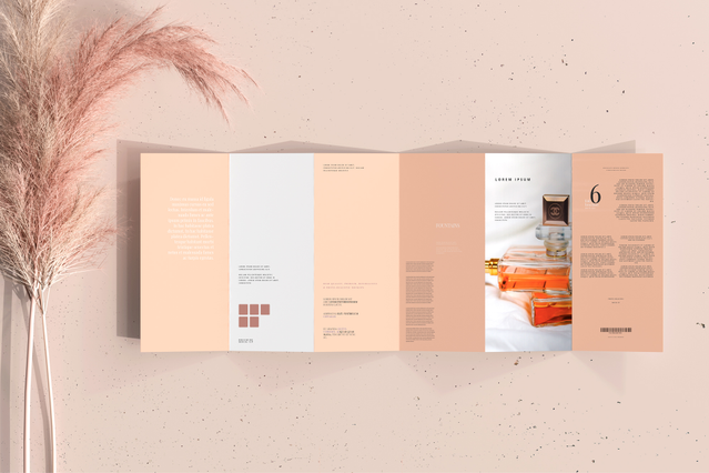 An open six-panel brochure in a warm peach and cream palette featuring food recipe photography — a jar of jam or preserve — a large number '6', colour swatches and text columns, photographed beside a dried pampas grass vase. Custom-printed six-panel brochures in soft lifestyle tones are ideal for food brands, recipe collections, menus, artisan producers and hospitality marketing materials.
