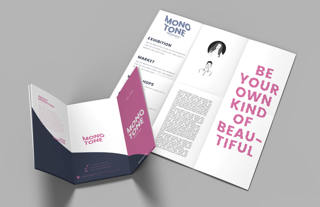 An open six-panel cross-fold brochure for 'Mono Tone — Exhibition, Market, Shops' in bold navy and magenta with the headline 'Be Your Own Kind of Beautiful' and a minimalist portrait illustration. Custom-printed six-panel cross fold brochures are ideal for art exhibitions, cultural events, fashion markets and creative studios needing an impactful yet easily distributable printed communication too…