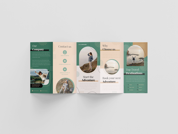 A fully open six-panel accordion travel brochure in sage green and tan with circular photo cutouts showing a woman explorer, a book reader by water, and a coastal sunset — panels read 'Start the Adventure', 'Book your next Adventure', 'Why Choose us' and 'Top Travel Destinations'. Custom multi-panel folded brochures for travel agencies and tour operators create an immersive brand experience that …