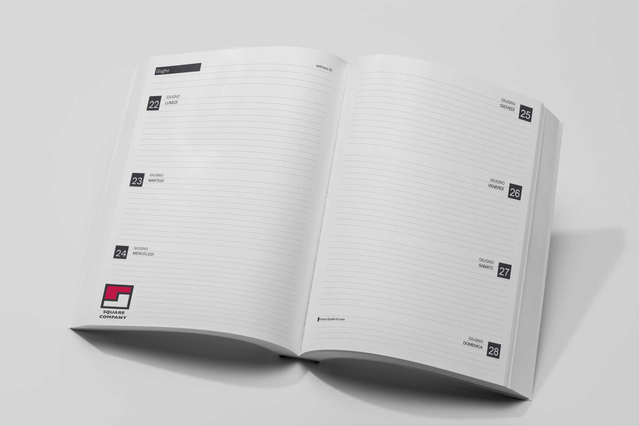 Open thread-sewn weekly agenda Square Company red logo and lined. Open thread-sewn weekly agenda with seven lined daily sections and Square Company red logo. 128 pages Sprint24.