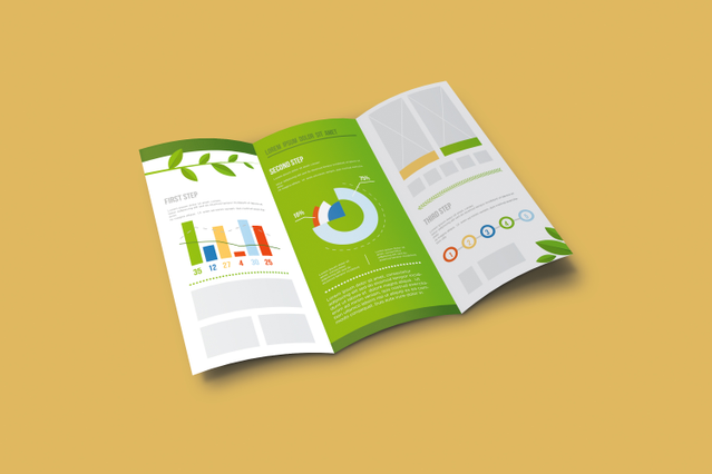 A wallet fold leaflet opened flat on a golden background, showing colourful infographics with charts, pie diagrams, and step-by-step sections in green and white. The multi-panel layout offers ample space for data-rich communications such as company portfolios and service offers. Print custom wallet fold leaflets online with Sprint24.