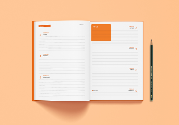 Open weekly hardback agenda showing two-page spread with orange headers, daily sections and Note box. Sprint24.