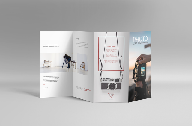 An open white double parallel fold brochure for a 'Photo' photography course, showing a film camera, a photographer shooting in a studio and a hand holding a camera at sunset. Custom-printed double parallel fold brochures are ideal for photographers, creative studios and training courses — offering eight panels to showcase portfolios, course details, testimonials and contact information.