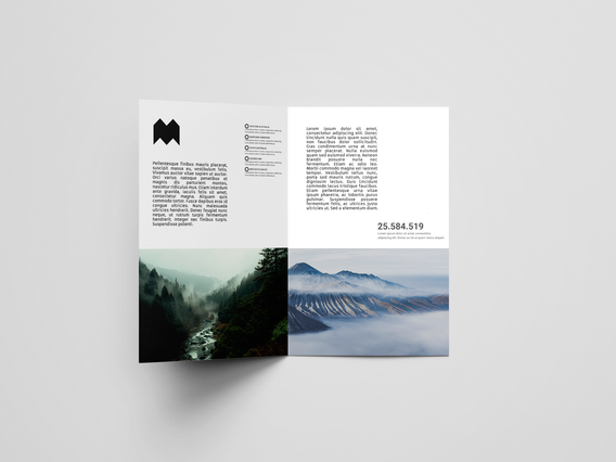 An open white two-fold leaflet featuring a bold black mountain/compass logo, text columns and two atmospheric landscape photographs — a misty forest river and a volcanic mountain range. Custom-printed two-fold leaflets with nature photography and clean typography are versatile tools for travel agencies, outdoor brands, tourism boards and environmental organisations.