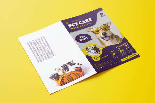 Opened A5 tri-fold pet care brochure mockup Professional A5 foldable pet care tri-fold brochure showcasing layout text and images. Sprint24.