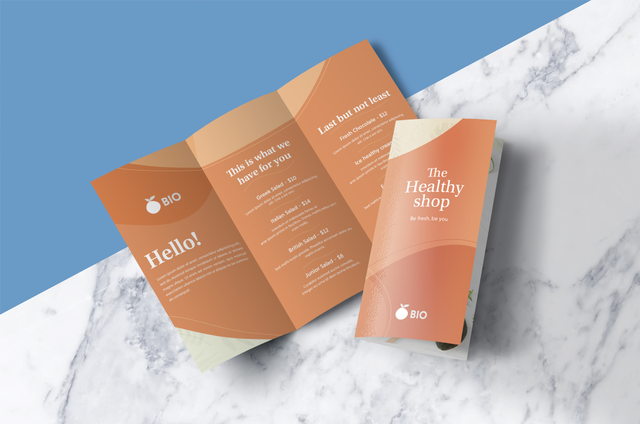 Premium orange tri-fold brochure for beauty shops salons and wellness brands. Sprint24.