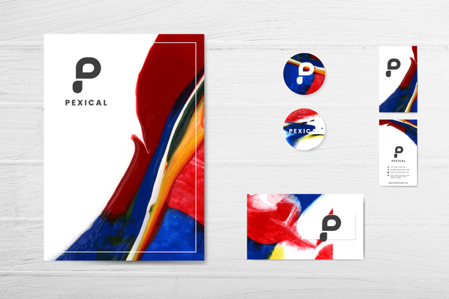 A coordinated set of custom printed materials for 'Pexical' brand showing a large flyer, round stickers and business cards with a bold red, blue and yellow abstract paint design. Sprint24 prints all types of custom printed materials in any format with die-cut, lamination and finishes — ideal for brand launches, campaigns and coordinated corporate identity kits.
