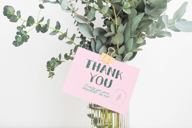 Pink thank you card in eucalyptus bouquet. Custom Fedrigoni paper cards for packaging and customer loyalty Sprint24.