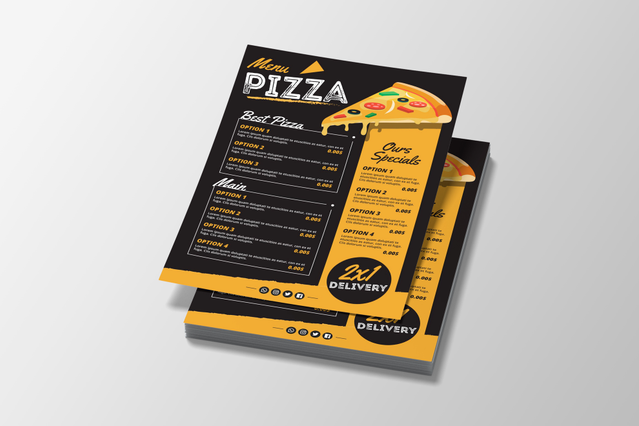 A bold A5 flyer for a pizza restaurant featuring a dark background with yellow accents, a pizza illustration, menu sections, and a delivery call-to-action. The high-contrast design showcases the potential of custom flyer printing for food and catering businesses. Print promotional flyers online with Sprint24.