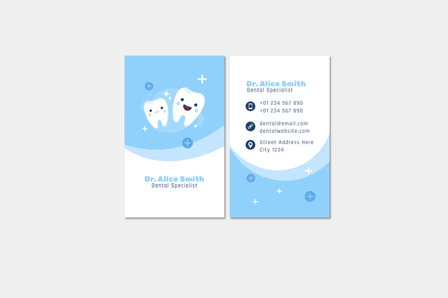 Custom dentist business cards featuring a playful blue design with friendly tooth characters, perfect for dental practices building professional brand identity. These high-quality cards combine distinctive branding with practical contact information, ideal for patient referrals and practice marketing. Design includes space for doctor name, credentials, and multiple contact methods for modern dent…
