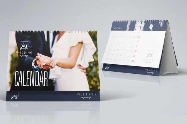 Custom desk calendars with professional spiral binding and premium print quality, perfect for weddings, corporate branding, or customer gifts. The design features an elegant navy color scheme with spacious calendar pages for monthly planning. Print personalized desk calendars to keep your brand visible and tell your story throughout the year.