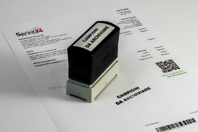 Professional black company stamp with custom holder for efficient document processing. Ideal for offices, receipts, and official paperwork. Order your personalized company stamp online from Sprint24 for quality at competitive prices.