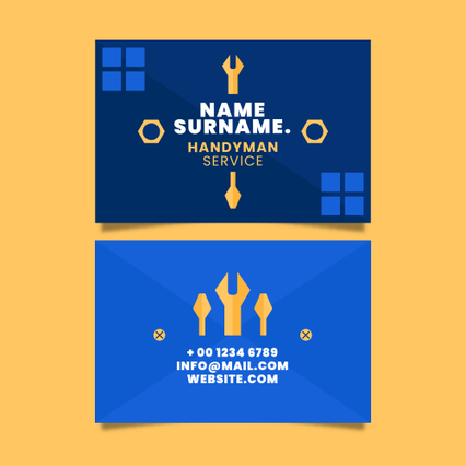 Professional electrician's business card template with striking navy blue and gold color scheme featuring wrench tool icons. Personalized cards for handyman and electrical contractors seeking high-quality printing with modern design. Perfect for establishing credibility and contact information in the trades industry.