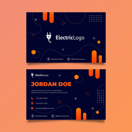 Modern electrician's business card featuring a striking navy and orange color scheme with contemporary geometric elements. Perfect for professional service providers, this personalized design displays contact information including phone, email, and location details. High-quality printing ensures your electrical business stands out with sophisticated, memorable branding.