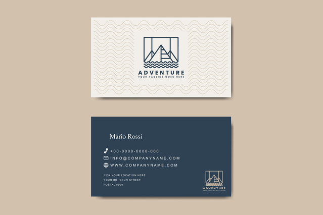 Double-sided business card with modern adventure mountain logo on navy and wavy front design. Sprint24.