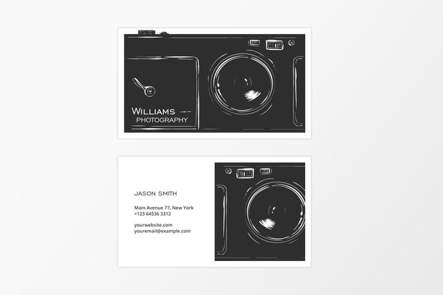 Photographer business cards featuring a minimalist black and white design with elegant camera lens imagery. Perfect for professional photographers looking to make an impactful impression with custom printed contact information. These personalized cards combine sleek aesthetics with professional typography ideal for photography professionals.