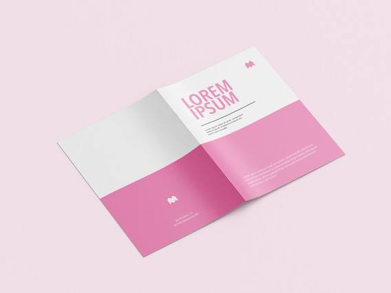 Professional tri-fold booklet mockup demonstrating high-quality online printing. Pink and white isometric design ideal for custom pamphlets. Premium booklet printing with professional finish.