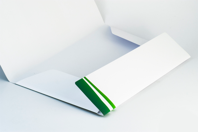 Professional white folders with flaps, printed on 350 gsm matte-coated paper and finished with matte lamination and precision die-cutting. The elegant green stripe accent on the flap adds a distinctive design element for corporate presentations and office document organization. Perfect for real estate agencies, car showrooms, and businesses requiring custom branded folders.