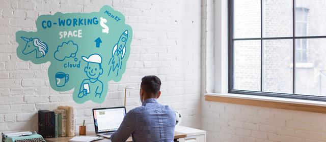 Decorate your office walls with this turquoise PVC wall adhesive sticker featuring co-working space graphics and modern icons. This durable wall sticker transforms white brick and contemporary walls into inspiring workspaces while maintaining professional aesthetics. Order online from Sprint24 for fast delivery and premium typographic quality.