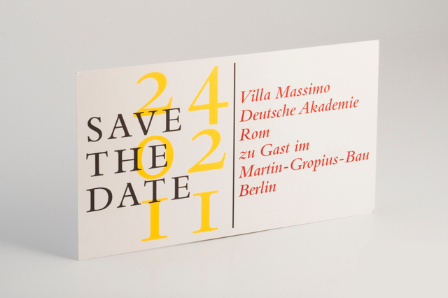 Save the Date postcard featuring bold yellow numerals and elegant event venue details. Professionally printed on premium quadrex giglio 350 gsm paper with 3-color Pantone printing, perfect for wedding and event announcements in A6 10x15 postcard format.